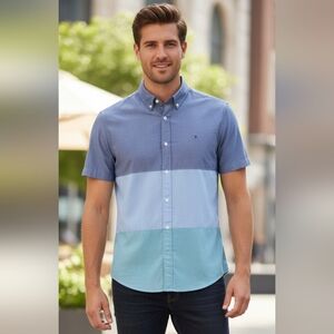 Tommy Hilfiger Blue and Green Colorblock Casual Shirt